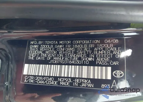 2008 Toyota Yaris from USA, damaged, VIN JTDBT923184030110